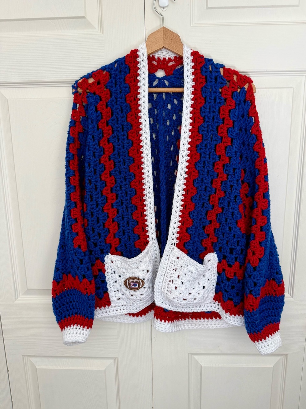 Hand-Crocheted Buffalo Bills Blue & Red Open-Front Sweater with White Trim